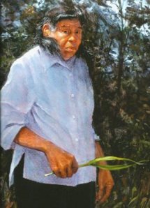 A portrait of Chickasaw Elder Emily Dickerson painted by artist Mike Larsen. Dickerson recently waled on and was the last monolingual speaker of Chickasaw.